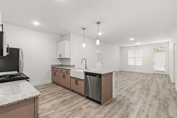 A modern kitchen with a black stove top oven and a dishwasher.