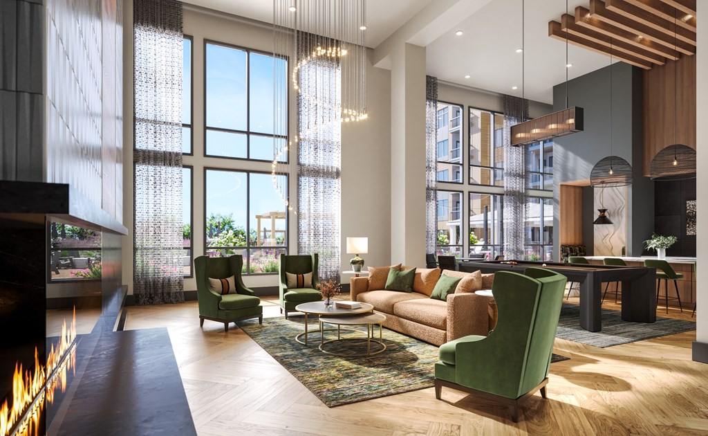 A modern living room with a fireplace and a view of the city.