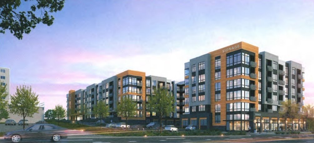 Two modern apartment buildings are shown in the image.