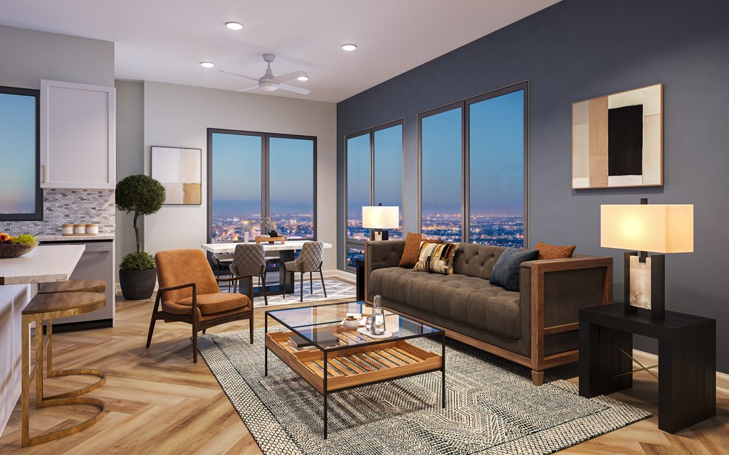 A modern living room with a view of the city.