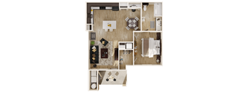 A top-down view of a small apartment with a kitchen, living room, and bathroom.