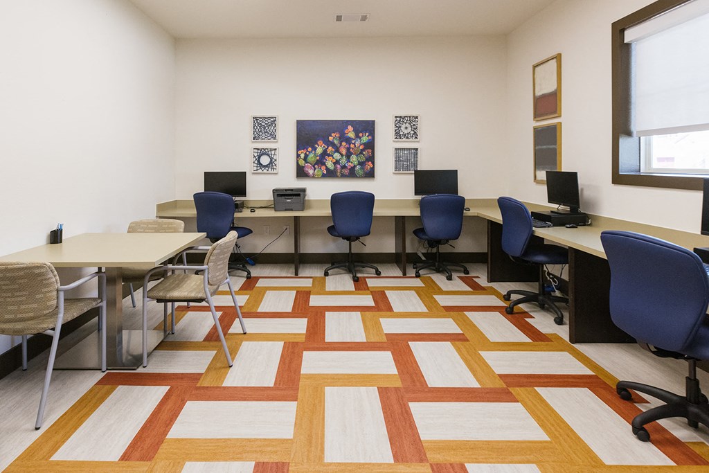 a computer room with desks and chairs and a rug in the middle