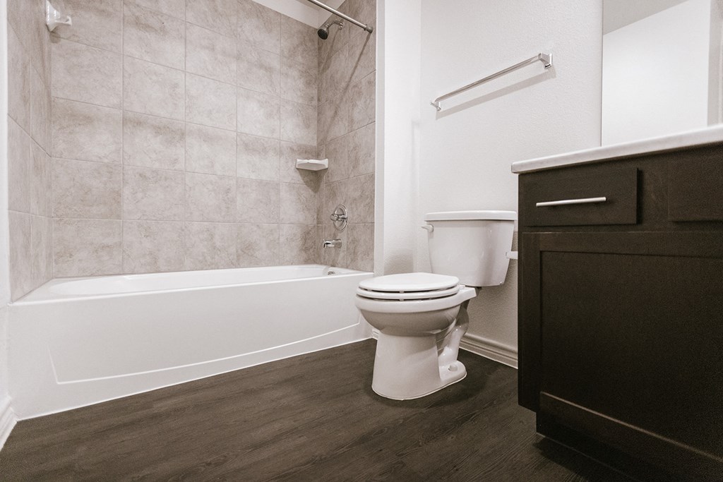 a bathroom with a toilet and a tub and a sink