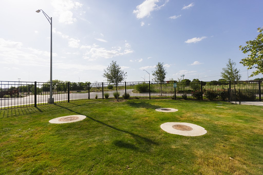 a grassy area with benches and a fence with trees