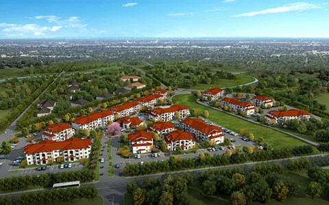 an aerial view of a city with houses and trees