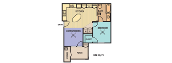 A floor plan of a 842 square feet home with a living room, dining room, kitchen, two bedrooms, a bath, a porch, and storage.