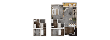 A set of four images showing different layouts of a bathroom.