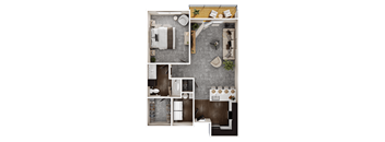 A top-down view of a small apartment layout with a kitchen, living room, and bathroom.