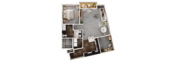 A top-down view of a small apartment layout with a kitchen, living room, and bedroom.