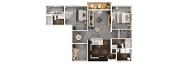 A top-down view of a small apartment layout with a kitchen, living room, and bathroom.