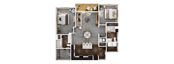 A top-down view of a house layout with a kitchen, living room, dining area, and bathrooms.