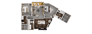 A top-down view of a house layout with a kitchen, living room, and bedrooms.