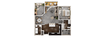 A top-down view of a house layout with a kitchen, living room, dining area, and bedrooms.