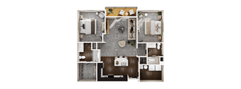 A top-down view of a small apartment layout with a kitchen, living room, and bathroom.
