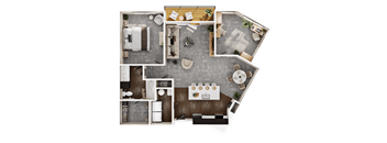A top-down view of a house layout with a kitchen, living room, dining area, and bathrooms.