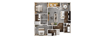 A top-down view of a small apartment layout with a kitchen, living room, and bathroom.