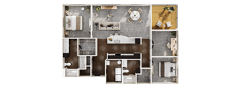 A top-down view of a house layout with a living room, kitchen, dining area, and bedrooms.