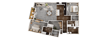 A top-down view of a house layout with a kitchen, living room, and bathroom.