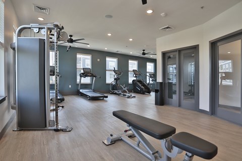 A gym with strength training equipment and cardio machines.