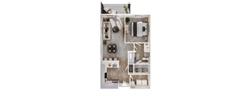 A top-down view of a modern, minimalist bathroom with a shower, sink, and toilet.