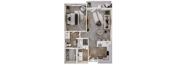 A top-down view of a modern apartment layout.