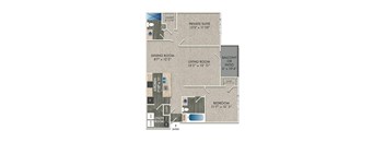 A floor plan of a home with a private suite, dining room, living room, kitchen, bedroom, and bathrooms.