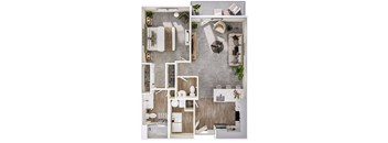 A top-down view of a modern, minimalist apartment layout.