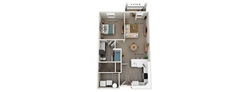 A floor plan of a small apartment with a bedroom, living room, kitchen, and bathroom.