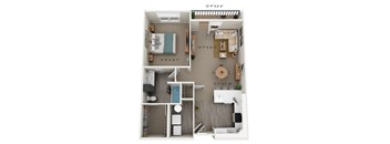 A floor plan of a small apartment with a bedroom, living room, kitchen, and bathroom.