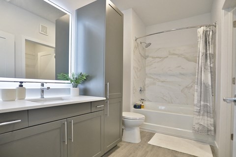 a bathroom with a shower and a sink and a toilet