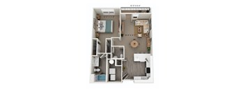 A 3D floor plan of a small apartment with a bedroom, living room, kitchen, and bathroom.