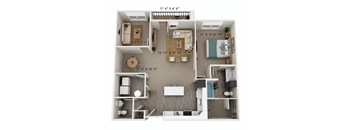 A floor plan of a small apartment with a living room, kitchen, and two bedrooms.