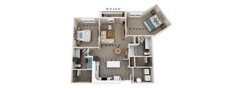 A 3D floor plan of a small apartment with a kitchen, living room, and bedroom.