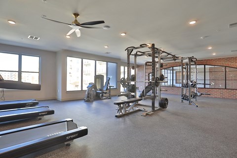 A gym with treadmills, weights, and a fan.