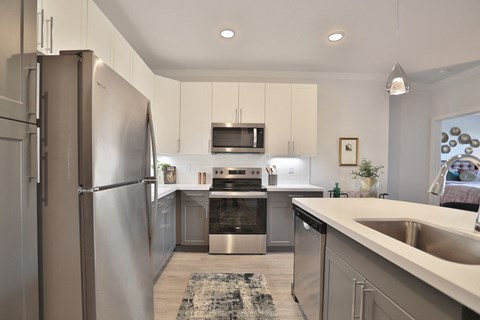 A modern kitchen with stainless steel appliances and white cabinets.