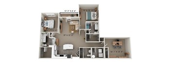 A 3D floor plan of a house with dimensions and furniture layout.
