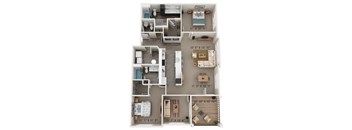 A floor plan of a small apartment with a kitchen, living room, and bedrooms.