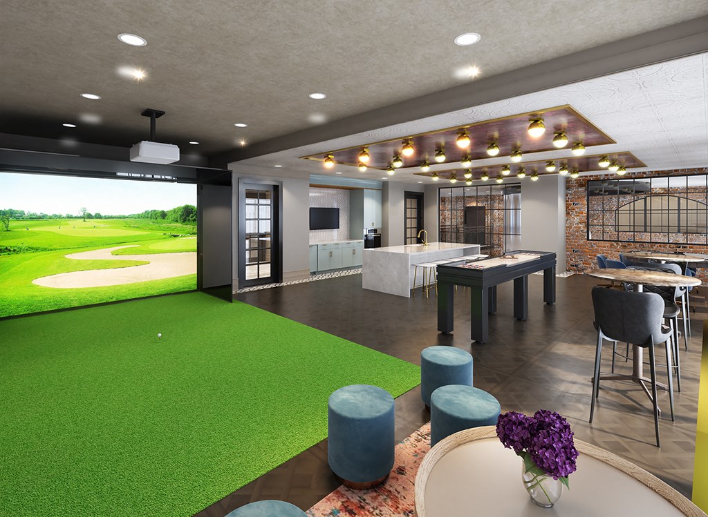 a rendering of a clubhouse with green turf and tables and chairs