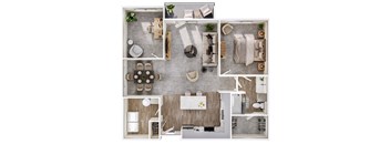 A series of images showing different layouts of a living room, kitchen, and dining area.