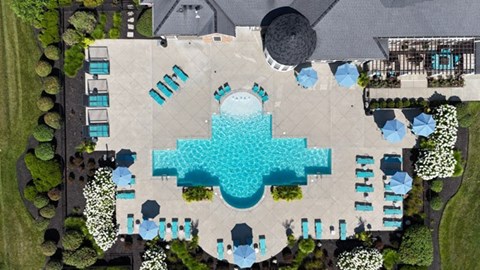 An aerial view of a pool surrounded by lounging areas and greenery.