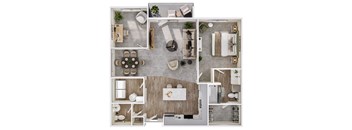 A top-down view of a modern apartment layout with a kitchen, living room, dining area, and bathroom.
