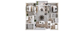 A top-down view of a modern apartment layout with a kitchen, living room, and bathroom.