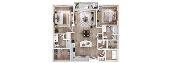 A top-down view of a small apartment layout with a kitchen, living room, and bathroom.