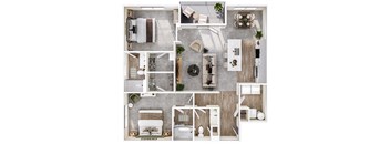 A top-down view of a modern apartment layout with a kitchen, living room, and bedroom.