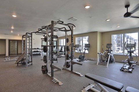 A gym with a variety of equipment including weights and cardio machines.