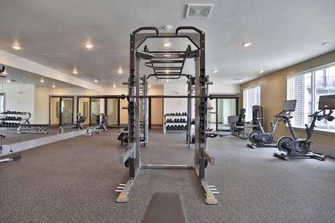 A gym with a variety of equipment including a squat rack, treadmill, and weights.