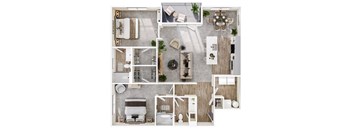 A top-down view of a house layout with a living room, kitchen, dining area, and bedrooms.
