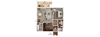 A floor plan of a one-bedroom apartment with a garage entry.