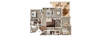 A floor plan of a house with a living room, dining room, kitchen, and bathrooms.