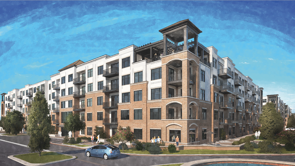 a rendering of a new apartment building on a city street